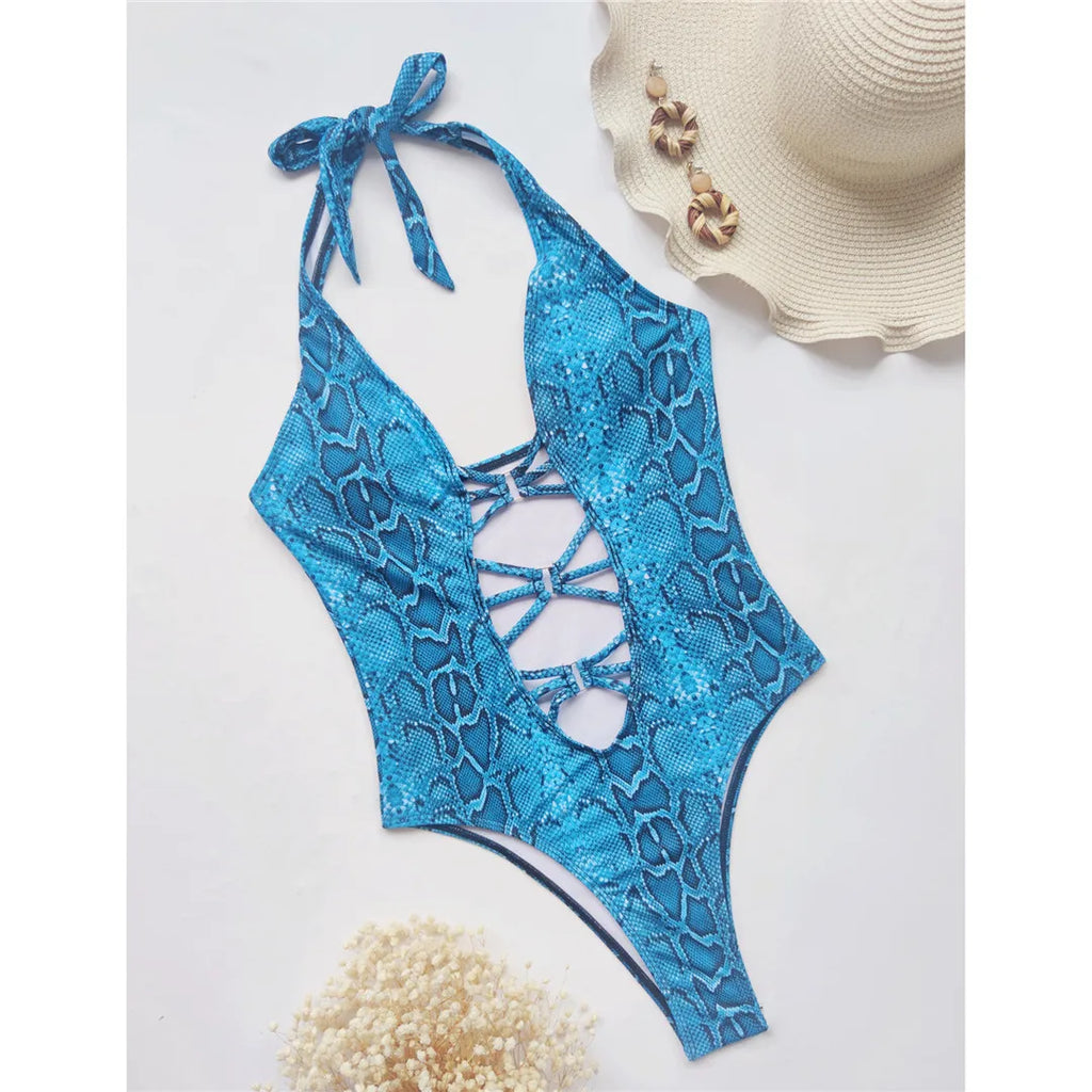 New Sexy Snake Skin Halter Monokini Women Swimwear One Piece Swimsuit Female Tummy Cut Out Bather Bathing Suit Swim Lady V3056