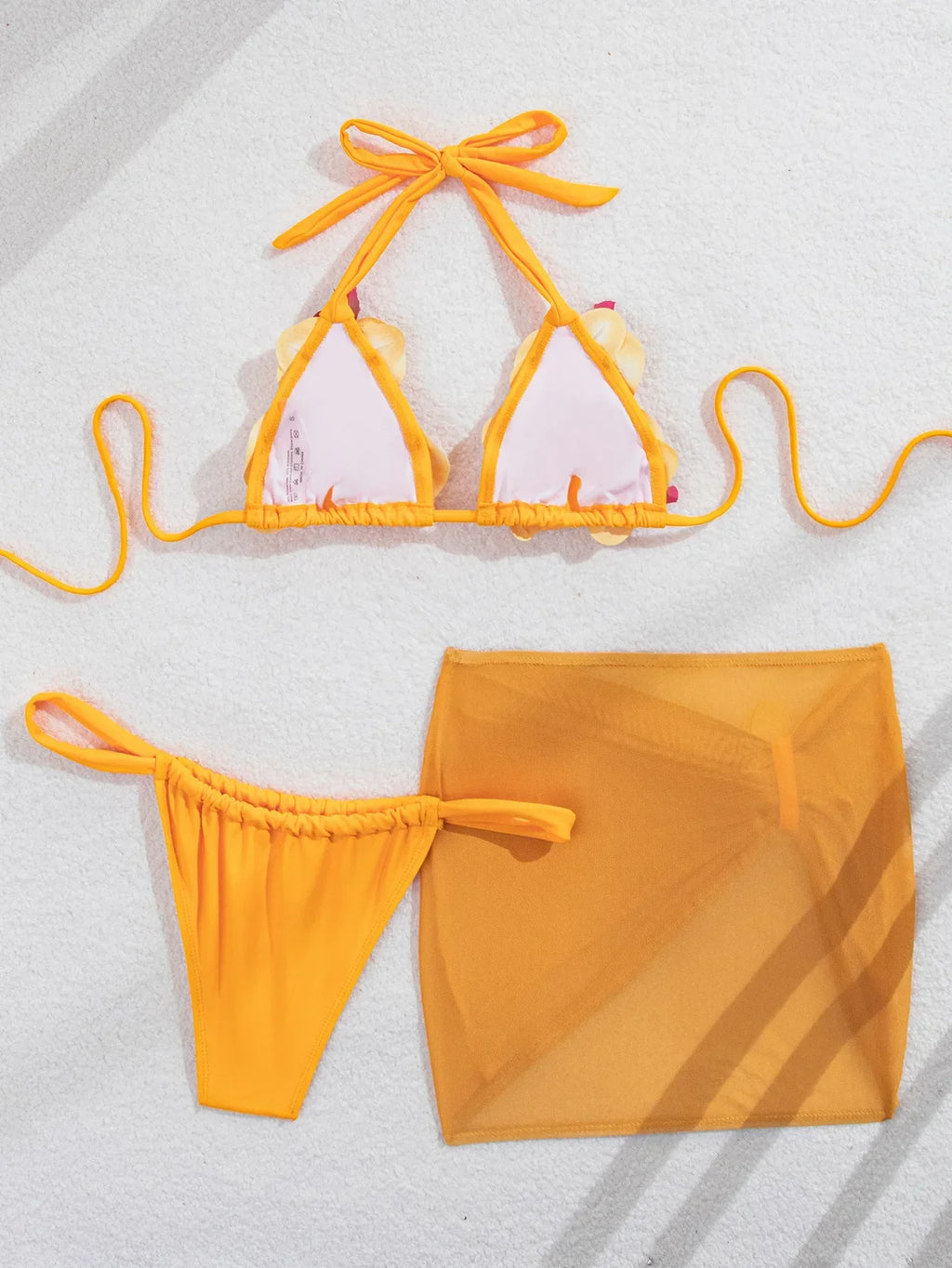 Sexy Yellow 3D Flower Mesh Cover Up Bikini Set 2026 Women Push Up Bra Skirt 3 Piece Swimsuit Beach Bathing Suit Holiday Swimwear