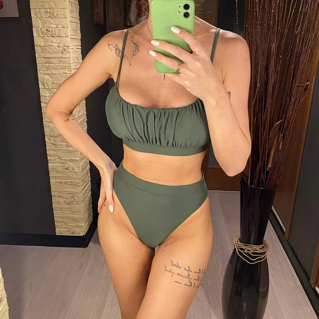 New Sexy Wrinkled Padded Female Swimsuit High Waist Bikini Women Swimwear Two-pieces Bikini Set Bather Bathing Suit Swim V3191