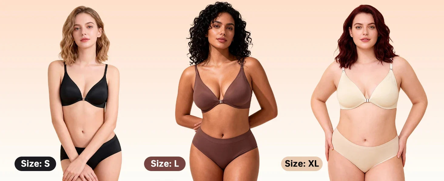 7 Pack Women's Sexy Bra Panties Set Front Closure Seamless Push-Up Wireless with Removable Padding Basic T-Shirt Lingerie