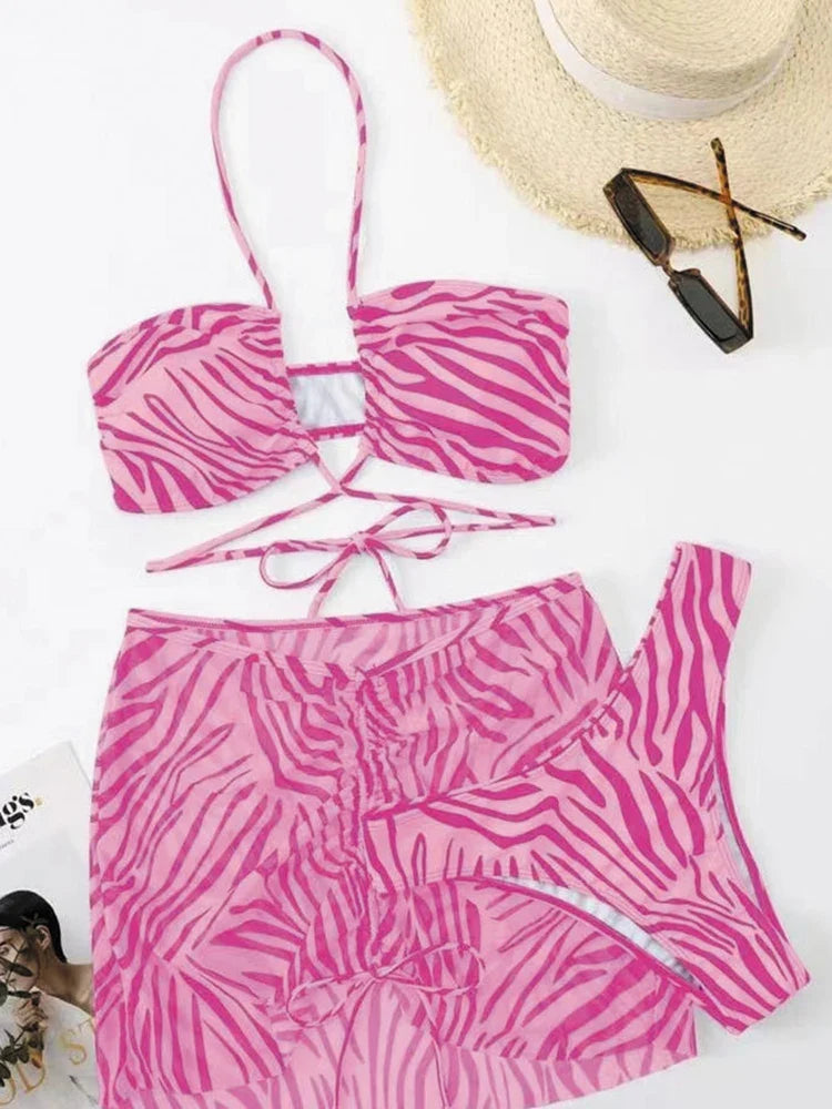 3pack Zebra Stripe Bikini Women Lace Up Swimsuit Beach Skirt 2026 Swimwear Female Padded Bathing Suit Swimming Beachwear Summer