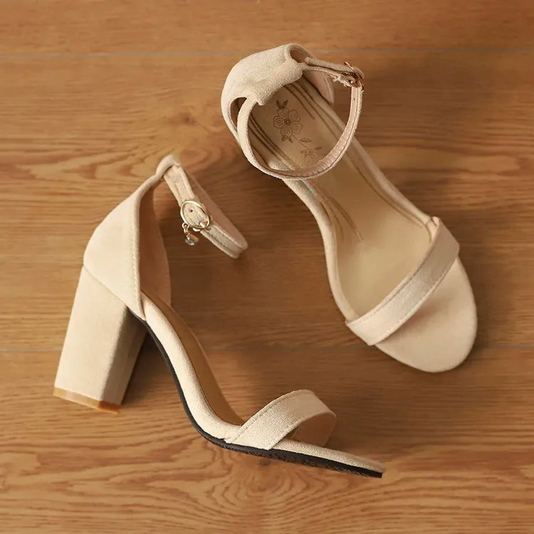 Beige Suede Ankle Strap Block Heel Sandals for Women, Round Open Toe with Rhinestone Accent, Multiple Colors Available