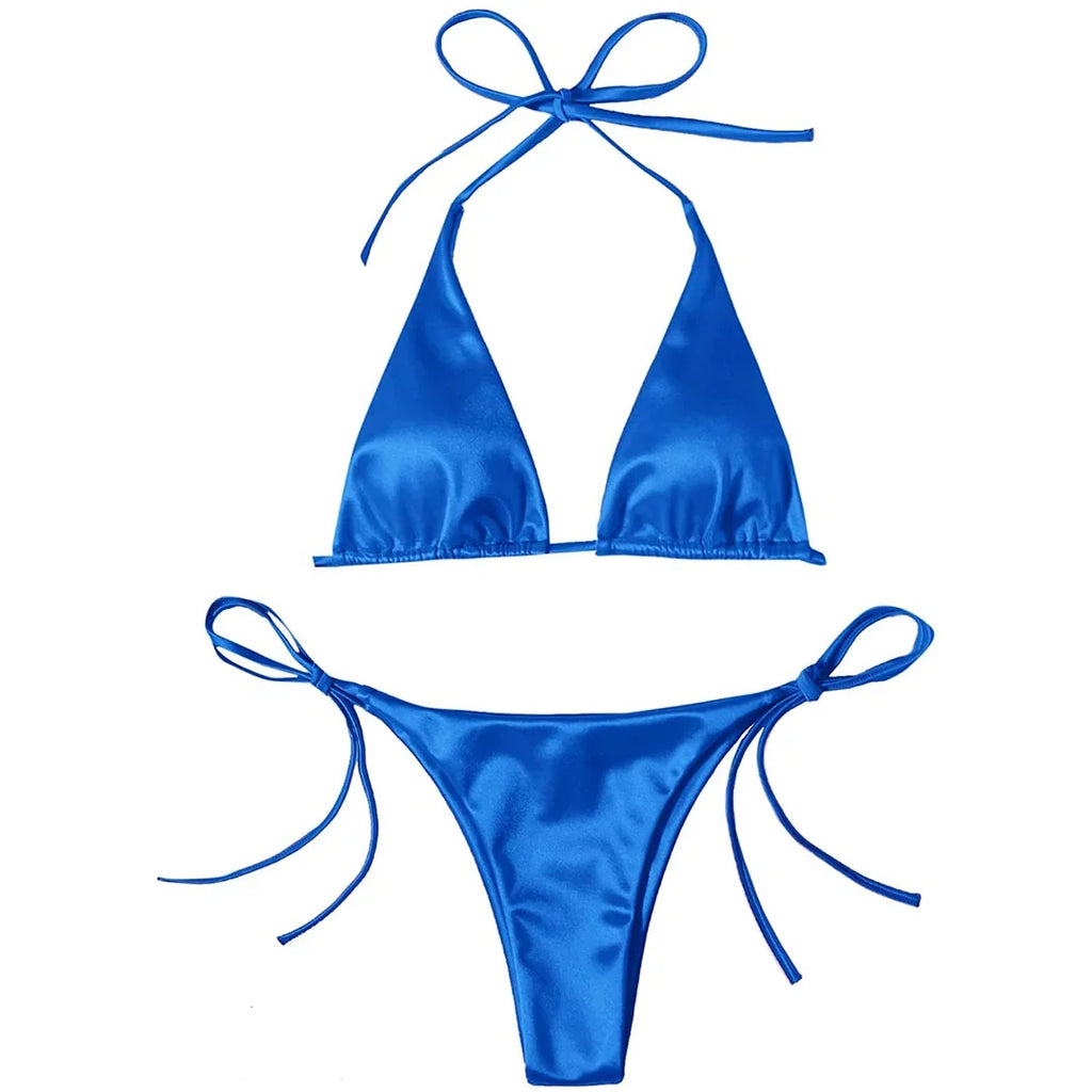 Sexy 13 Colors Halter Satin Brazilian Bikini Women Swimwear Female Swimsuit Two-pieces Bikini set Bather Bathing Suit Swim V4966