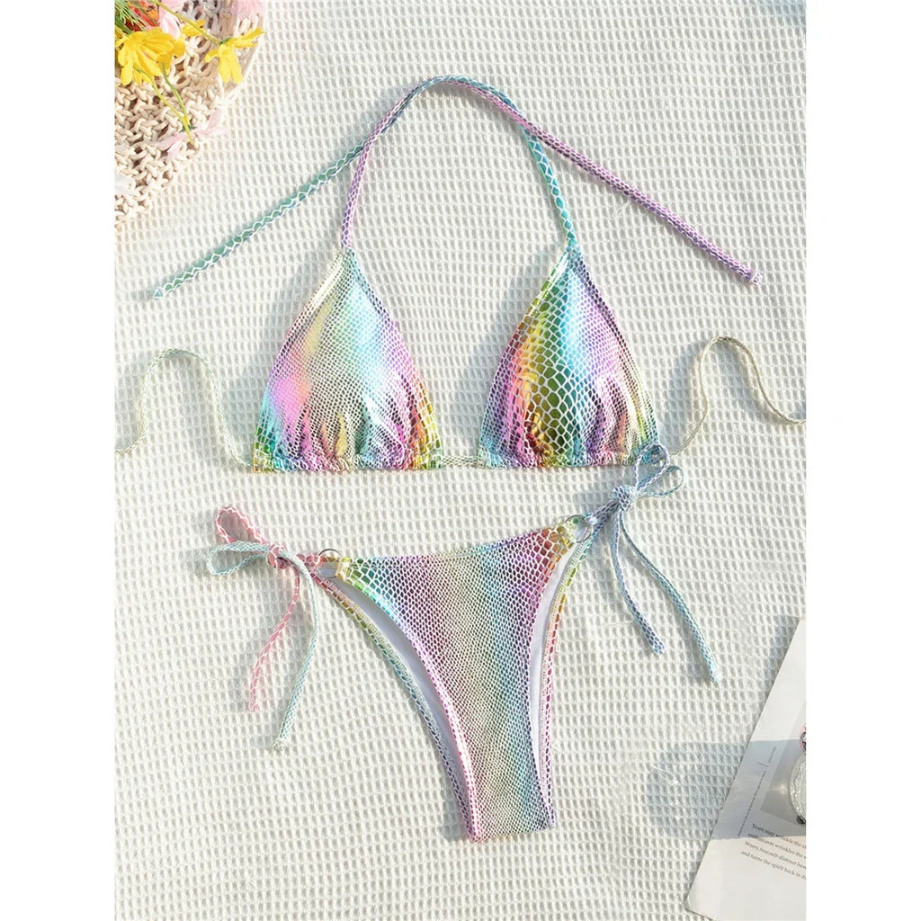 Colorful Snake Skin Halter Strappy Bikini Female Swimsuit Women Swimwear Two-pieces Bikini set Bather Bathing Suit Swim V5822