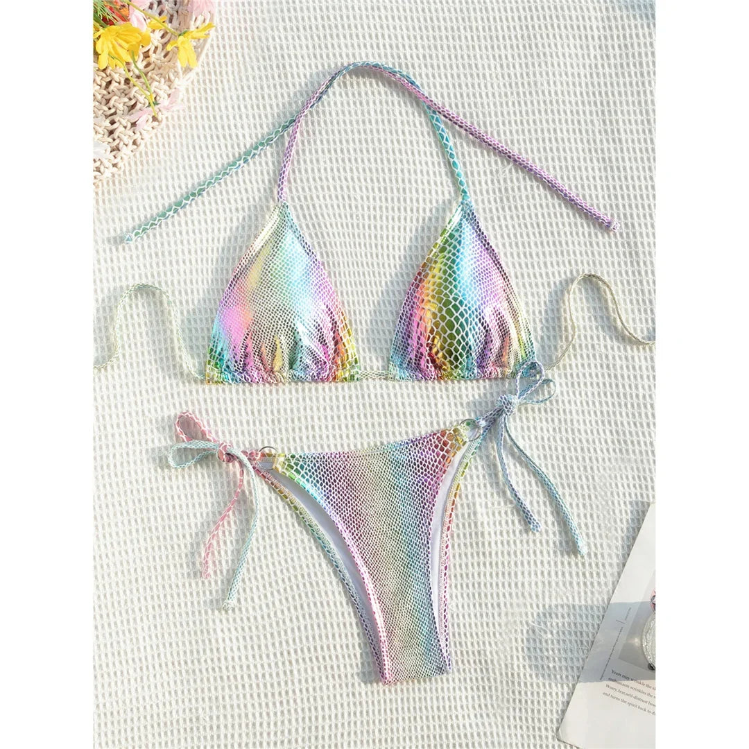 Colorful Snake Skin Halter Strappy Bikini Female Swimsuit Women Swimwear Two-pieces Bikini set Bather Bathing Suit Swim V5822