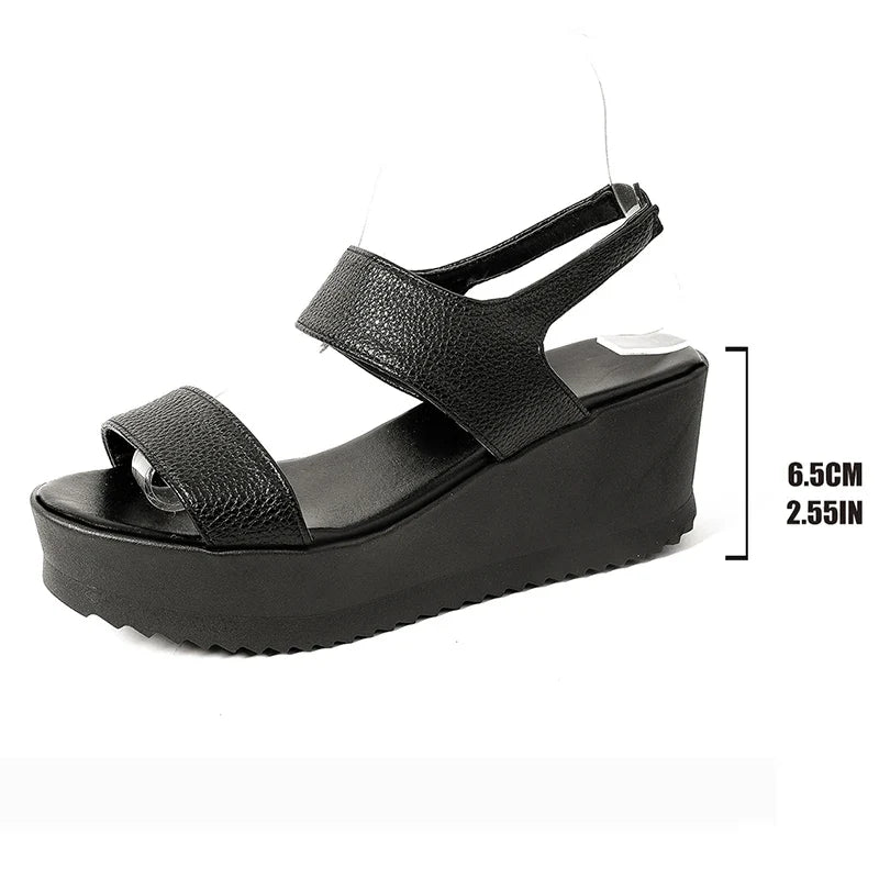 Black Pu Leather Chunky Sandals Women Plus Size 43 Summer Wedge Heels Sandals Woman Casual Slip On Platfrom Sandles Female