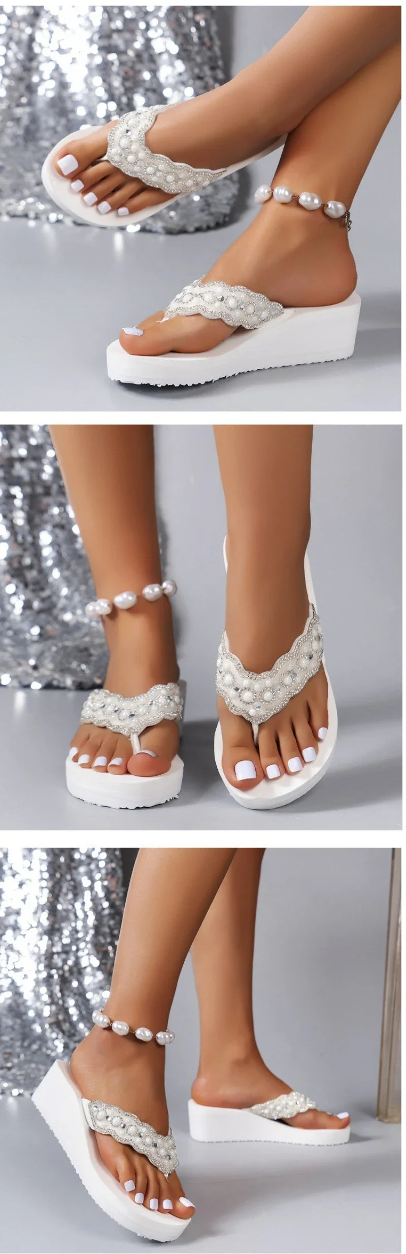 2025 Women Beach Flip Flops Summer Wedges Shoes Bling Rhinestone Soft EVA Girls Home Street Slippers Mid-heel Fashion Sandals