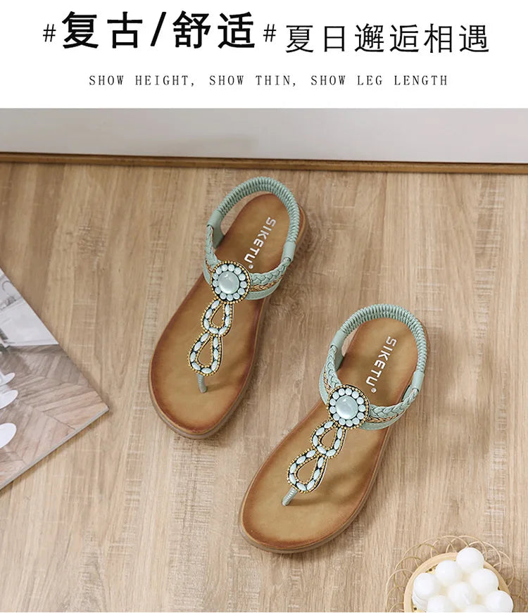2026 New Shoes for Women Bohemia Crystal Sandals Women Shoes Rhinestone Lady Flip Flops Pearl Slip on Flat Beach Shoes