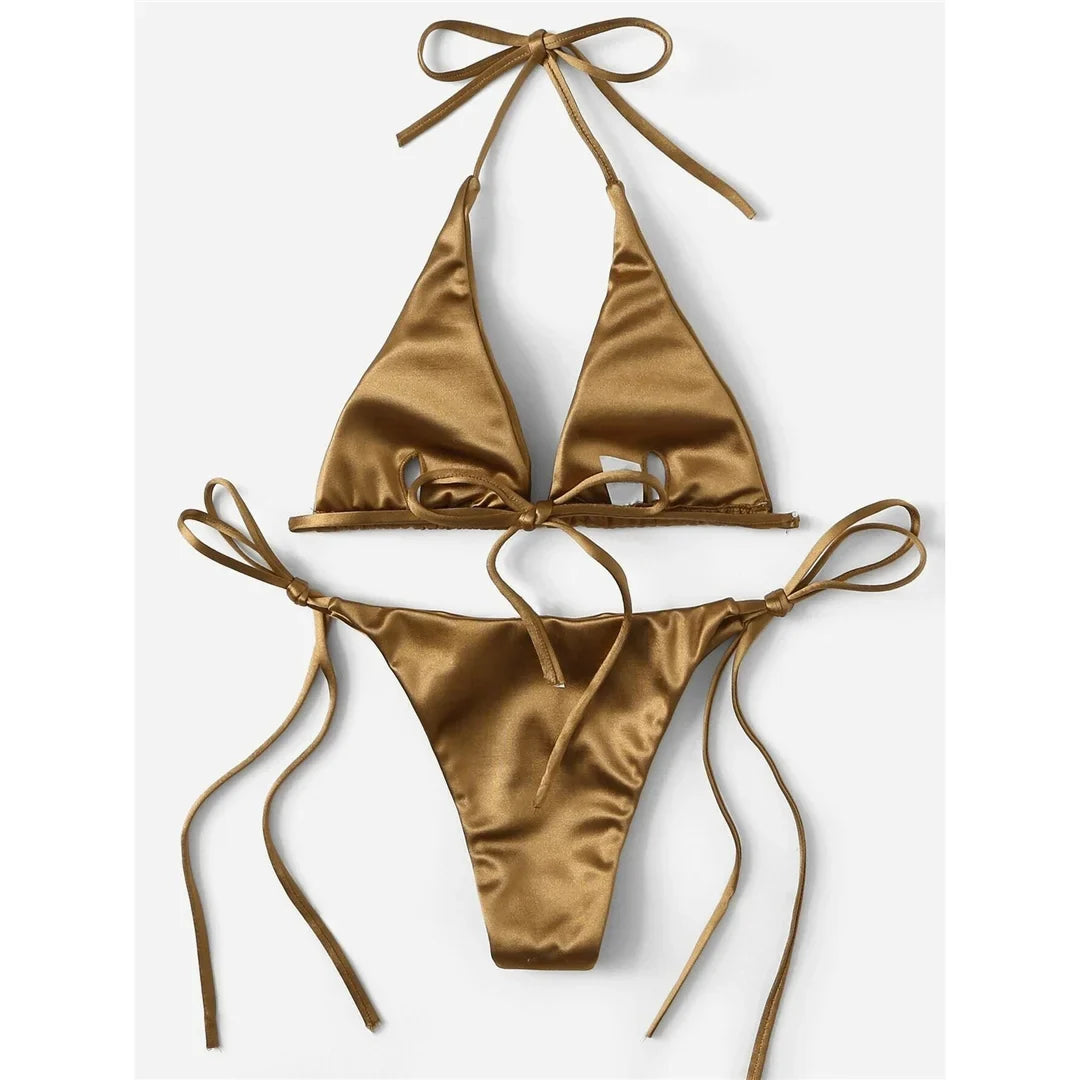 Sexy Satin Halter Brazilian Padded Bikini Female Swimsuit Women Swimwear Two-Pieces Bikini Set Bather Bathing Suit Swim V4966S