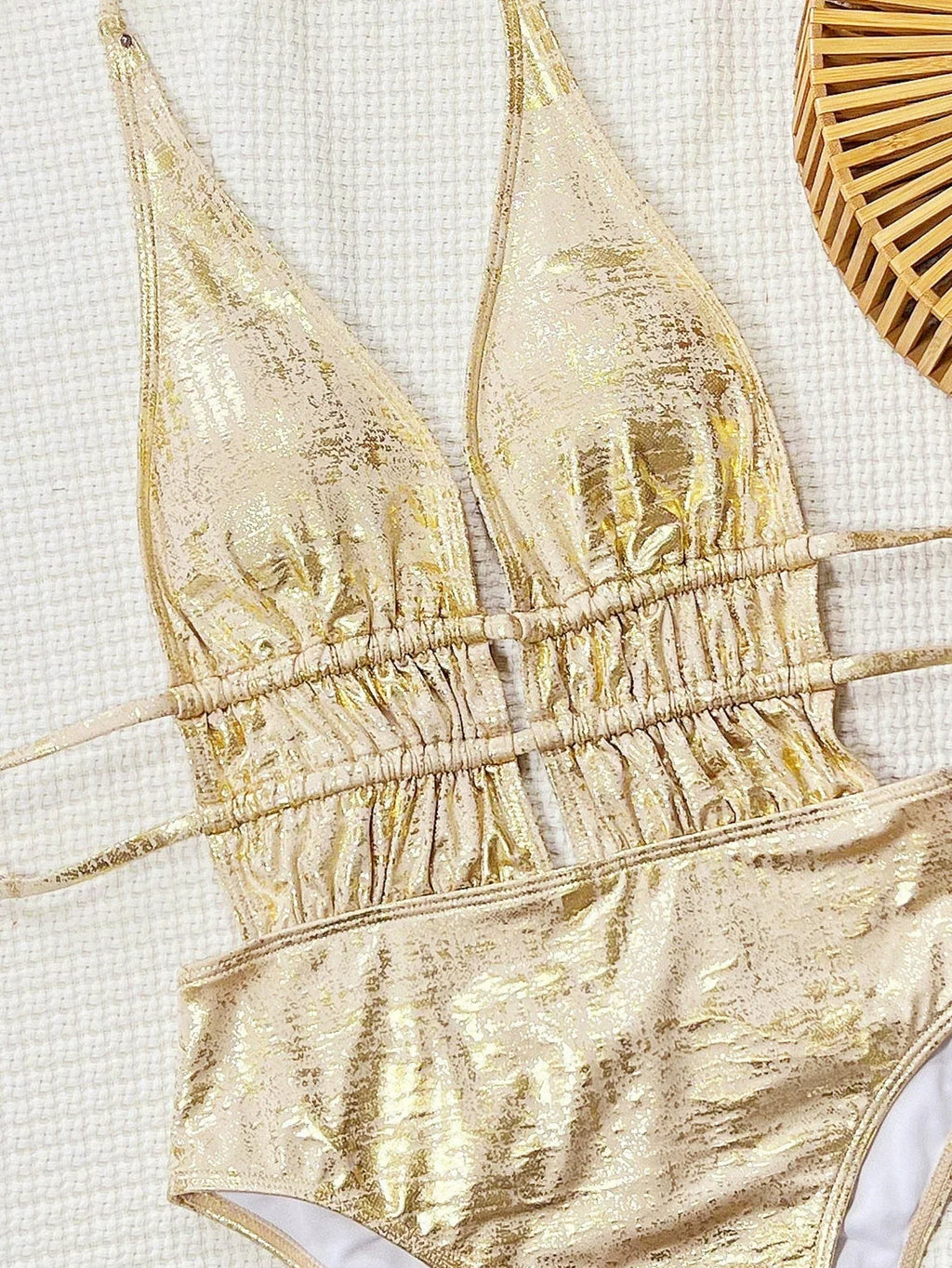 DEKA Women's Gold Colors Deep V Neck One Piece Swimsuit Tummy Control Hellow Out Swimwear Wrap Bathing Suit For Beach Vacation
