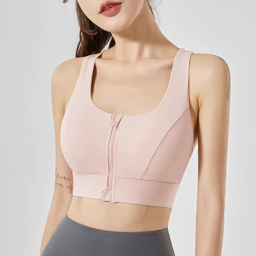Large Size Women's Sports Fitness Bra Shock-Absorbing Gathered Front Zipper Design No Buckle Needed for Comfortable Fit