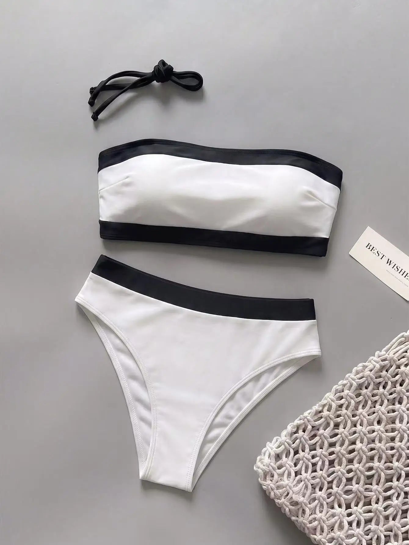 Sexy White Black Patchwork Bikini Set 2026 Women Bandeau Push Up Bra High Waist Swimsuit Beach Bathing Suit Holiday Swimwear