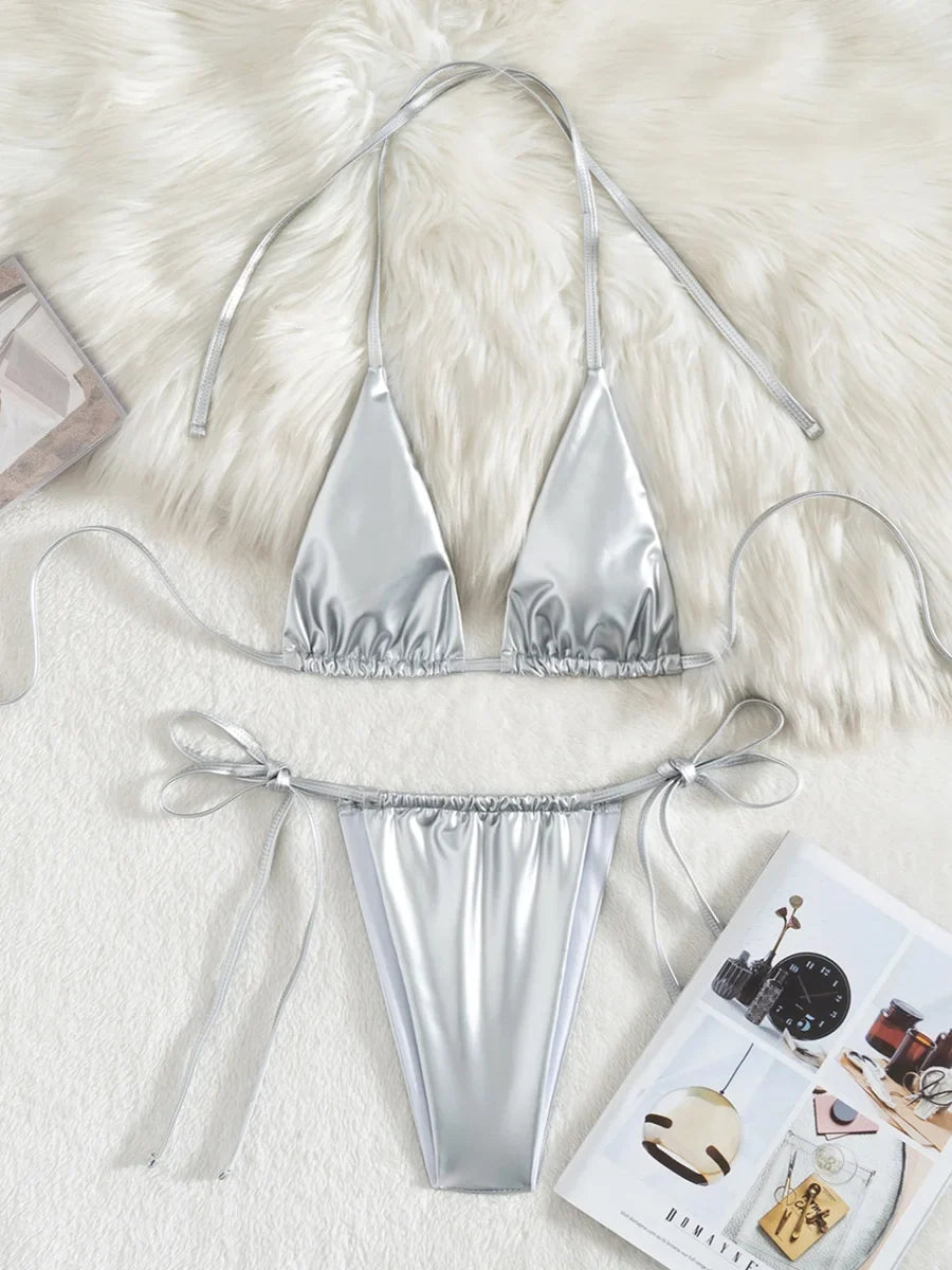 Extreme Mini Micro Thong Bikini PU Leather String Bikini Women Swimwear Female Swimsuit Two-pieces Bikini Set Bathing Suit Swim