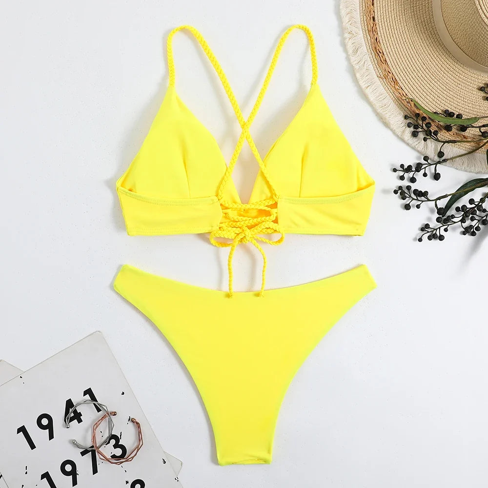 2026 V Neck Two Piece Solid Bikini Back String Women Swimwear Female Swimsuit Bathers Bathing Swimming Suit Beachwear Summer