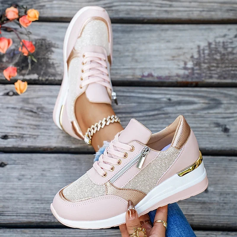 Plus Size 44 Wedges Sneakers Women Fashion Pink Gold Lace Up Platform Sports Shoes Woman Non Slip Thick Bottom Vulcanized Shoes