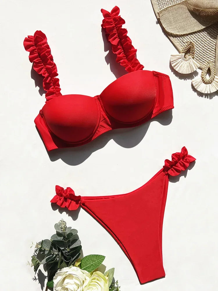 Underwired Bra Cup Ruffled Frill Bikini Women Swimsuit Female Swimwear Two Pieces Bikini Set Push Up Bathing Suit Swim Beachwear