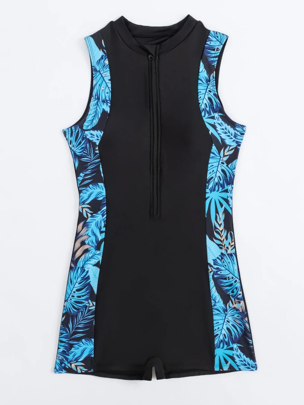 Vintage Blue Leaves Print Spliced One Piece Swimsuit Surfing Suit for Women Zipper Conservative Sports Bathing Suit Swimwear