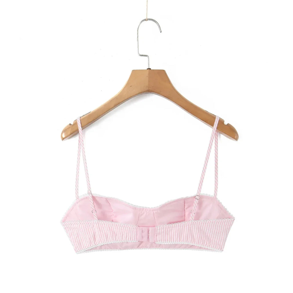 Striped Bra For Women Straps Lace Trim Sweetheart Neckline Lightly Padded Cups Cotton Fabric For Stylish Style Girl Elegant 4UU5
