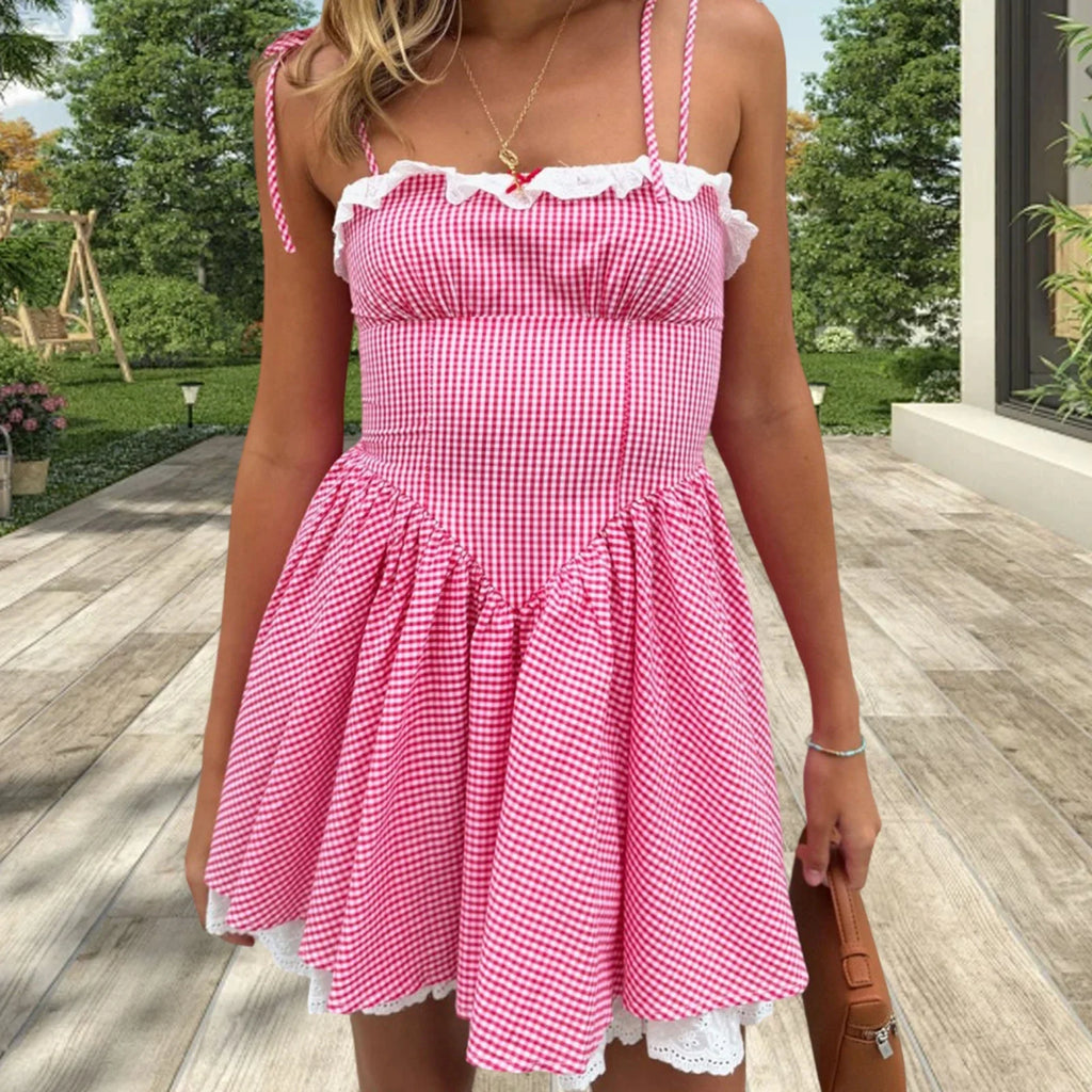 Summer Plaid Mini Cami Dress for Women Fashion Slim Ruffle Trim Tie-up Spaghetti Strap A-line Dresses for Daily Party
