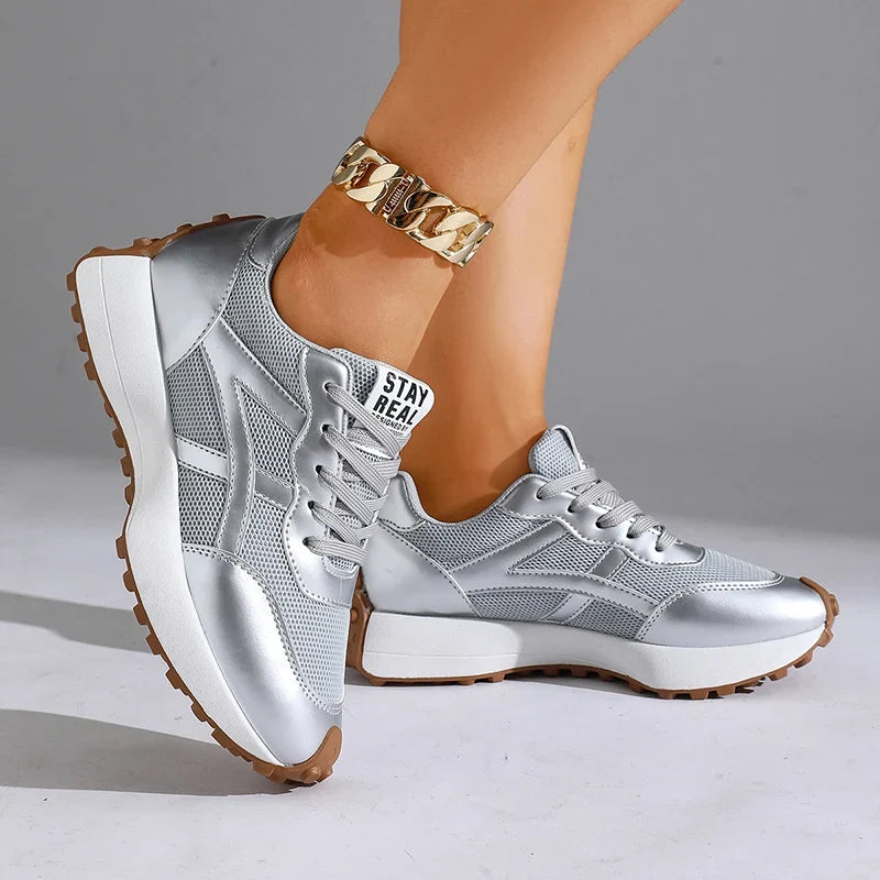 Fashion Thick Sole Silver Sneakers Women 2026 Plus Size 43 Breathable Platform Sport Shoes Woman Anti Slip Lace Up Running Shoes