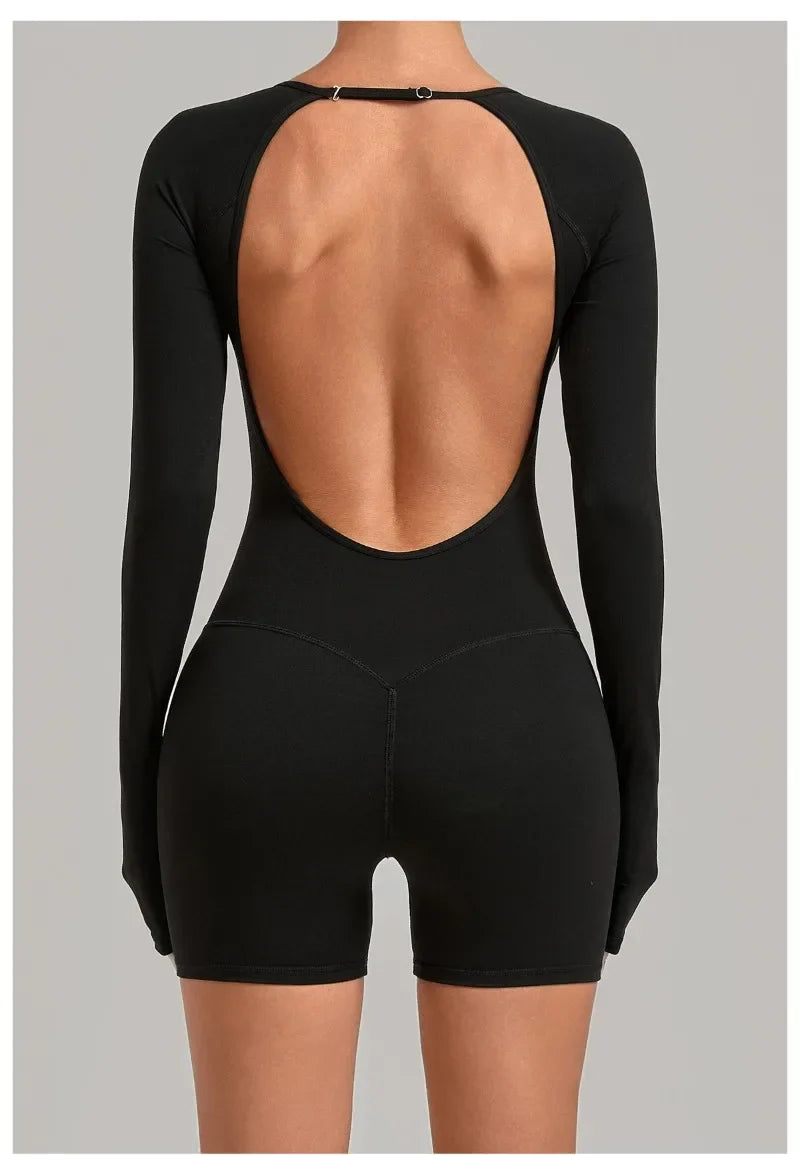Women's Yoga Jumpsuits Sports Fitness Hip-lifting Long-sleeved Backless Running Training Workout Gym Shorts One-piece Bodysuits