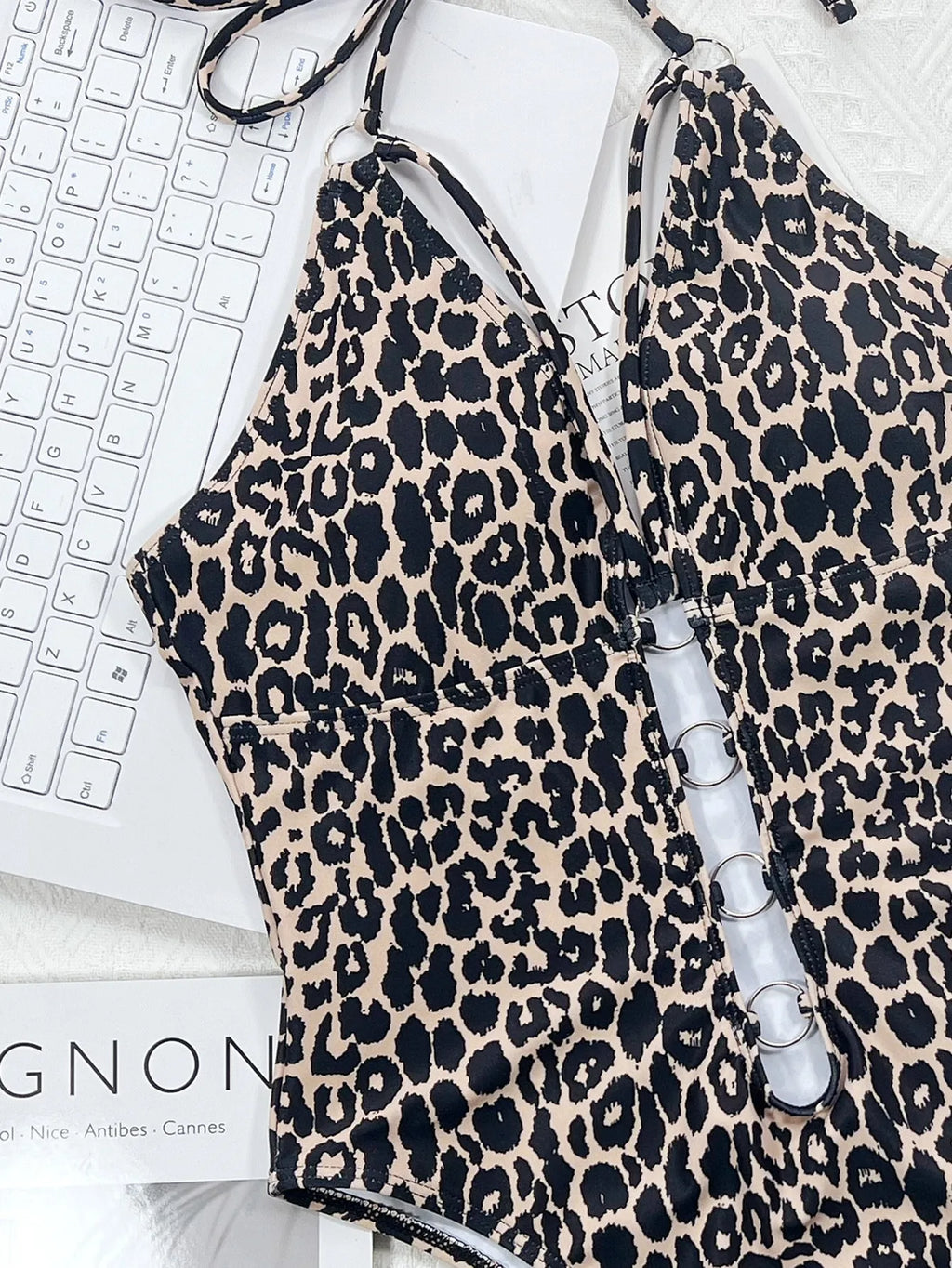 2026 New Sexy One Piece Swimsuit Swimwear Women Leopard Hollow Halter One-piece Bathing Suit Beachwear Metal Ring Decor Bikinis