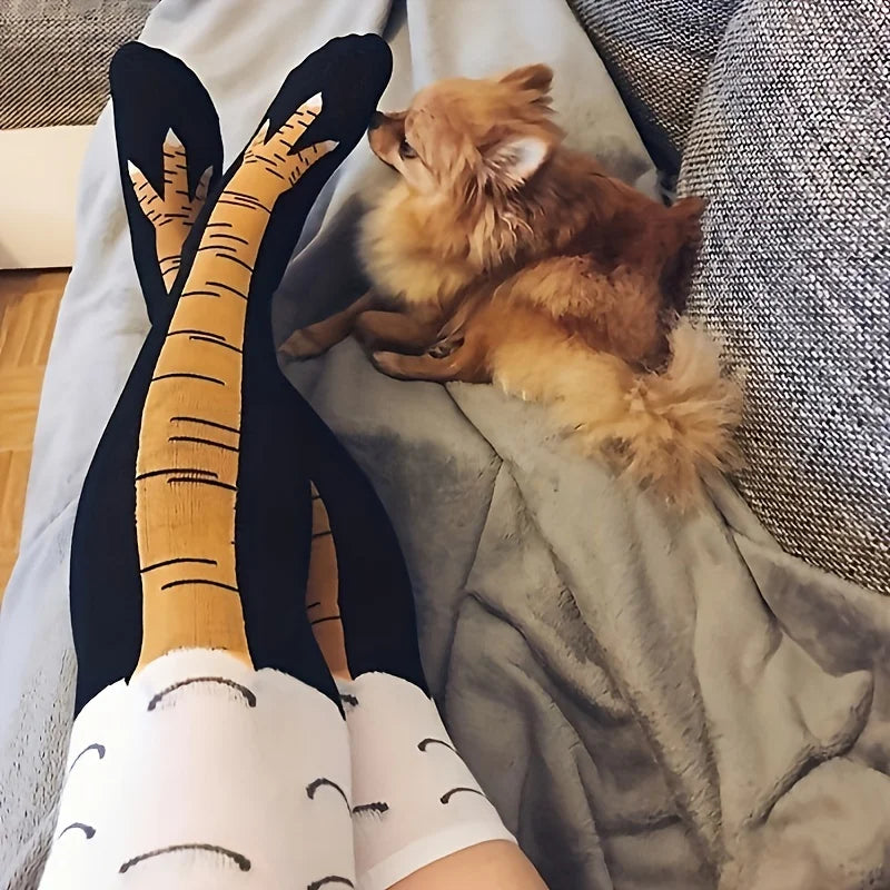 1/2 Pairs Women Knee High Socks Trendy Cartoon Funny Chicken Claw Socks Fitness Sports Casual Slim Leg Long Tube Socks Women