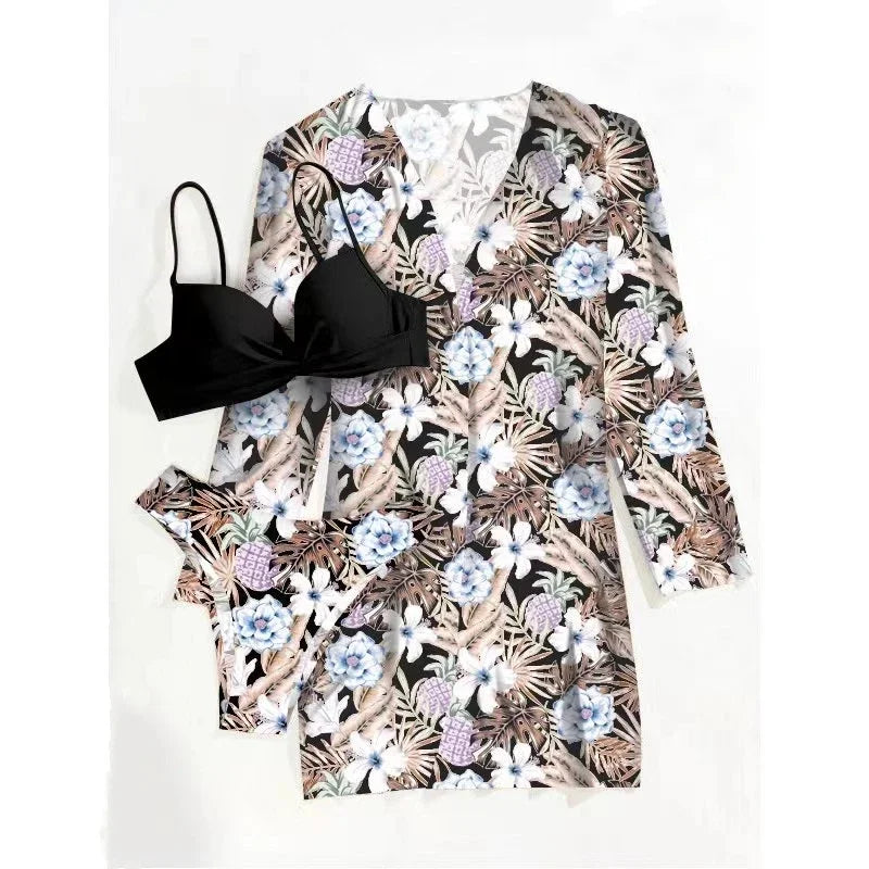 Boho Style Women's 3 Pieces Swimsuit Floral Bikini Set+Long Sleeve Cover-Up Swimwear Sexy Low Waist Tankinis Beachwear Holiday