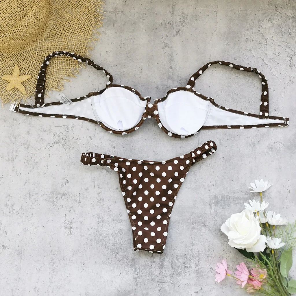 Vintage Brown Polka Dot Print Bikini Set 2026 Women Push Up Underwire Bra Pleate Thong Swimsuit Beach Bathing Suit Mini Swimwear