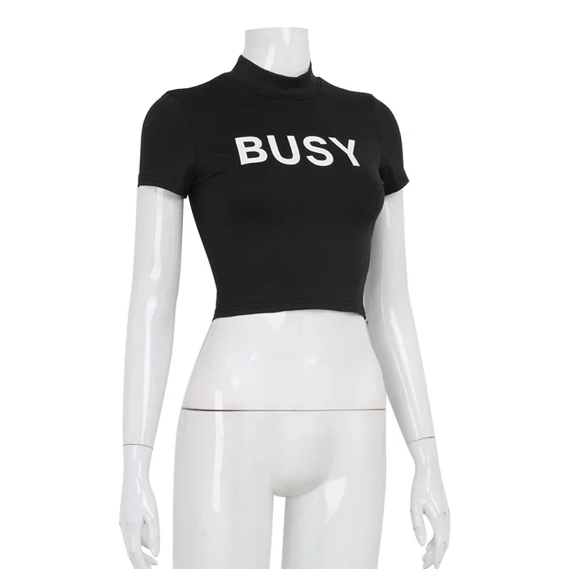 Ahagaga Women's Basic Sexy O-neck Slim Letter Printed T-shirts Short Sleeve Fashion Casual Solid Sheath Tops Tees Blusas Female