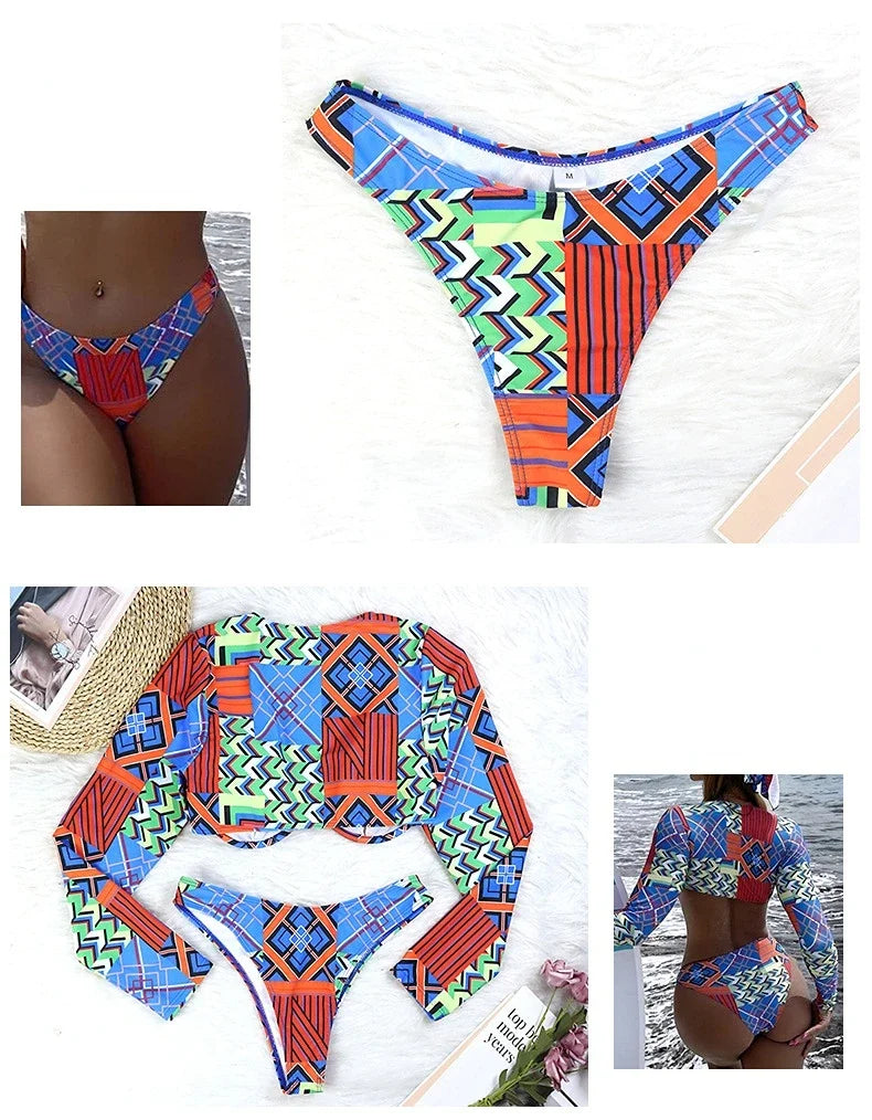 Sexy Two Piece Swimsuit Swimwear Women Push Up Long Sleeve Print Bathing Suit Beachwear Female New Banadores Bikinis 2026 Mujer