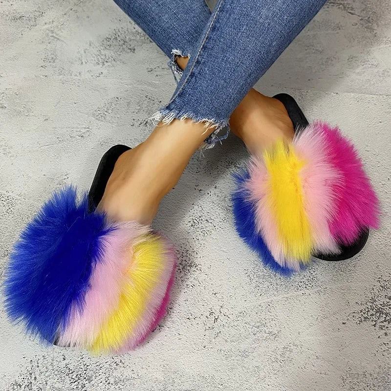 Mix Color Faux Fur Cotton Slippers for Women Open Toe Non Slip Plush Slippers Woman 2025 Lightweight Indoor Flats Slides Mujer