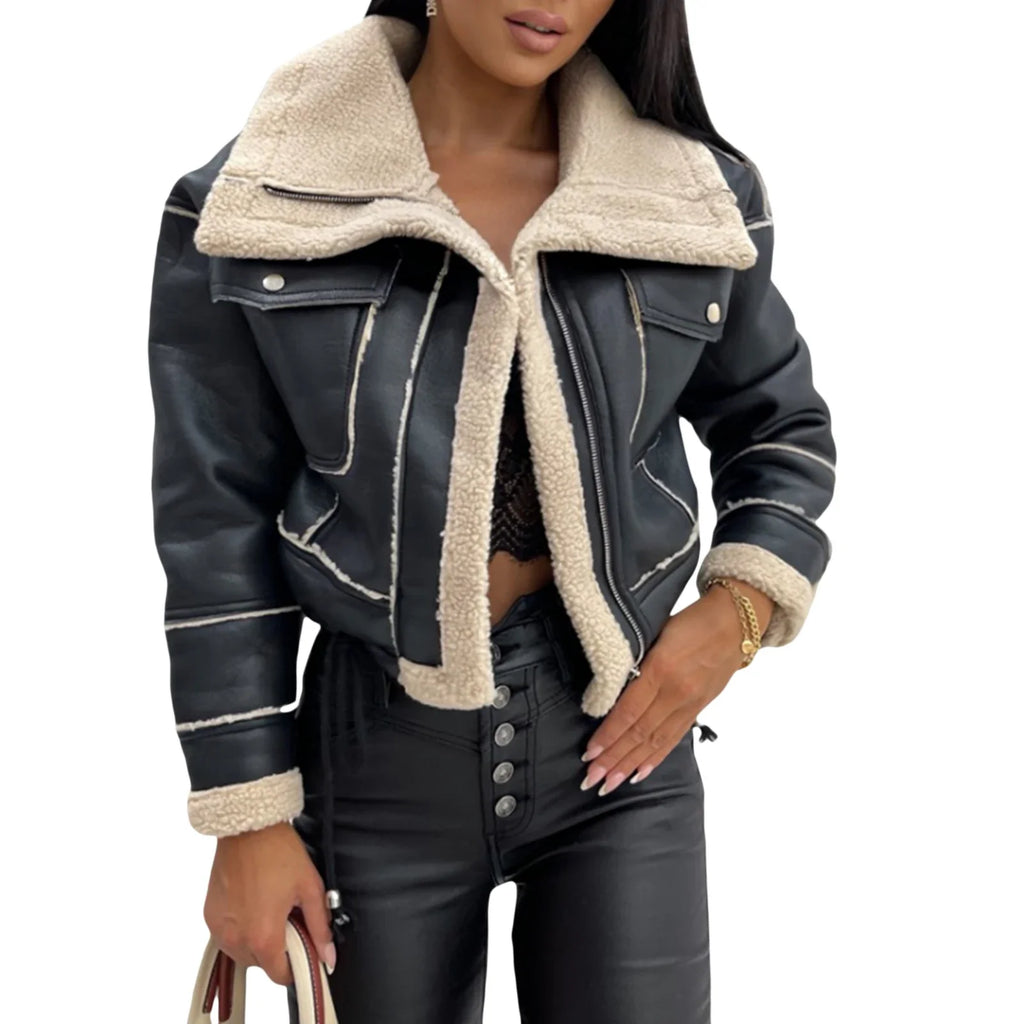 Women Winter Jacket Solid Color Street Coat Long Sleeve Zipper Closure Patchwork Warm Outwear with Pockets
