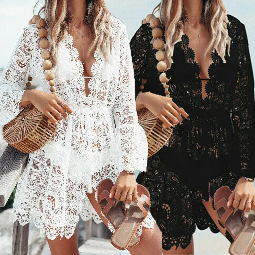 Boho Crochet White Lace Dress Knitted V-neck Scallop Trim Beach Sundress Tunic Pareos Women Bikinis Cover Ups Robe Beachwear