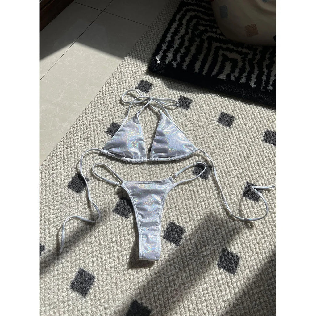Halter Glitter Sparkling High Leg Cut Bikini Women Swimwear Female Swimsuit Two-pieces Bikini Set Bather Bathing Suit Swim V5102