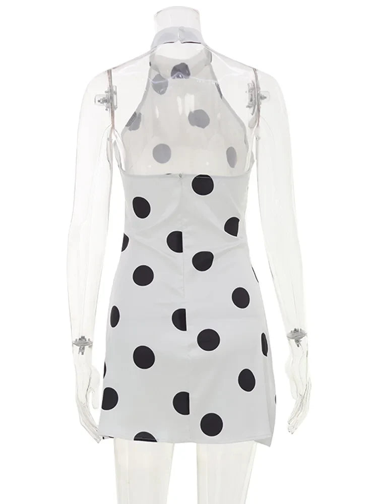 Ahagaga Sexy Slim Mini Dresses Women Polka Dot Print Halter Neck Sleeveless Backless A-Line Casual Vacation Zipper Vestidos