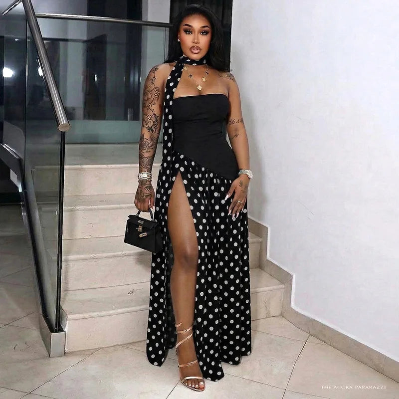FDYOUI Elegant Bandage Polka Dot Patchwork Evening Dresses Women's 2026 Summer Off Shoulder High Slit Pleated Long Party Dress