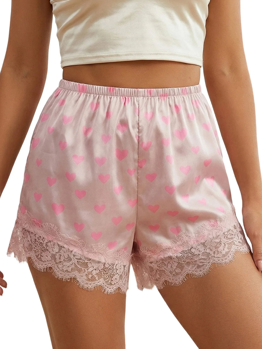 Summer Women’s Satin Lace Hem Shorts Elastic Waist Loose Fit Wide Leg Short Pants Casual Lounge Bottoms Solid Color