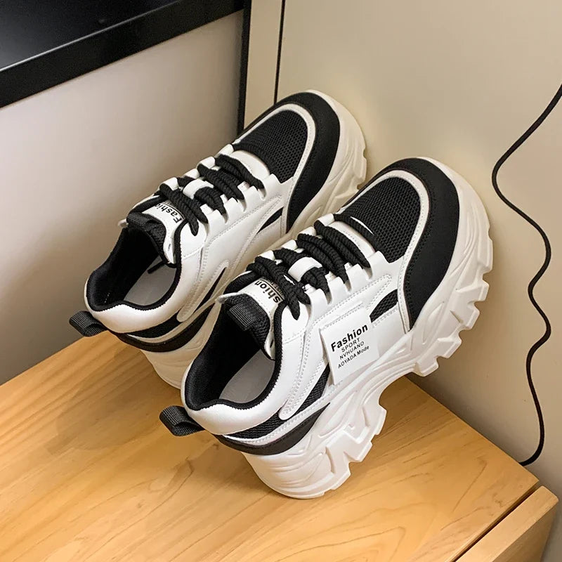 Fashion Lace Up Chunky Sneakers for Women Comfort Breathable Platform Sports Shoes Woman Pu Leather Thick Bottom Running Shoes