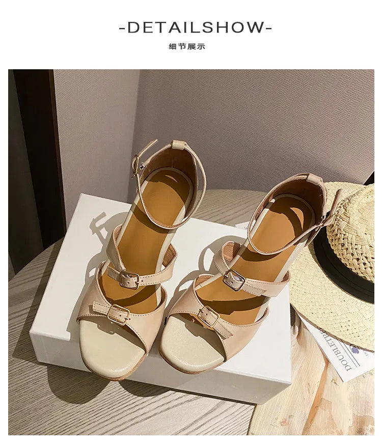 Women’s Sandals Cowhide Shoes Thick Platform Heel Sandals Elegant Lady Summer Apricot High Heel Peep Toe Buckle Sandals