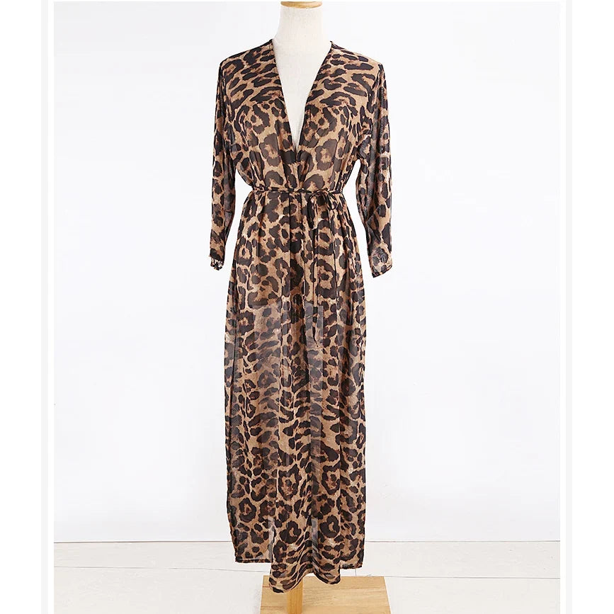 New Sexy Leopard Printed Beach Cover Up Chiffon Cover-ups Swimwear Beach Wear Summer Beachwear Female Women Long Dress V3219