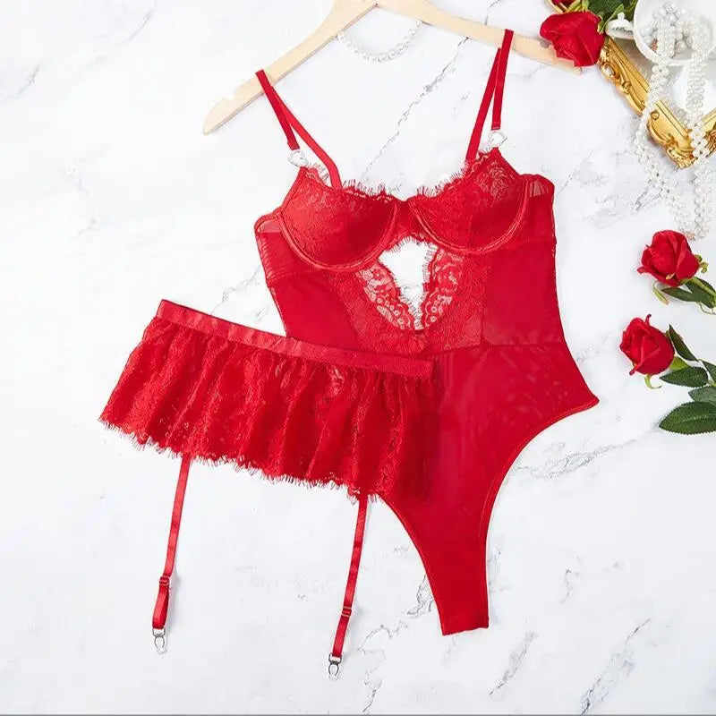 Lenceria Mujer Sexy Push Up Bras Sexy Outfits Bra Panties Set G-string Garter Belt Lenceria Set Lace Dress Women's Intimates