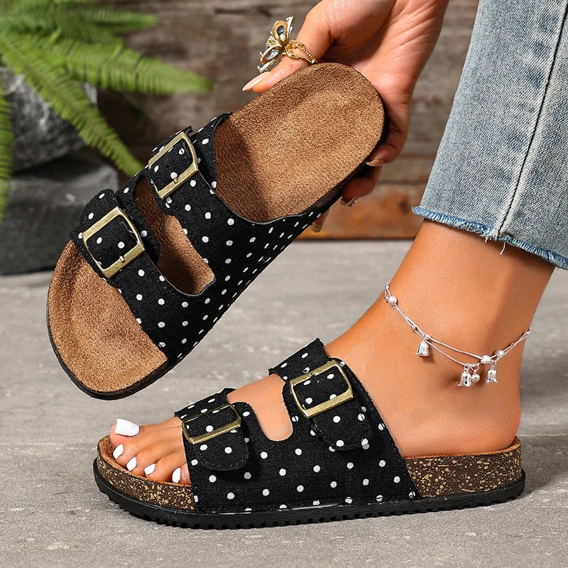 Vinatge Polka-Dot Birken Slippers Women 2026 Fashion Double Buckle Thick Sole Clogs Sandals Woman Plus Size 43 Summer Sandles