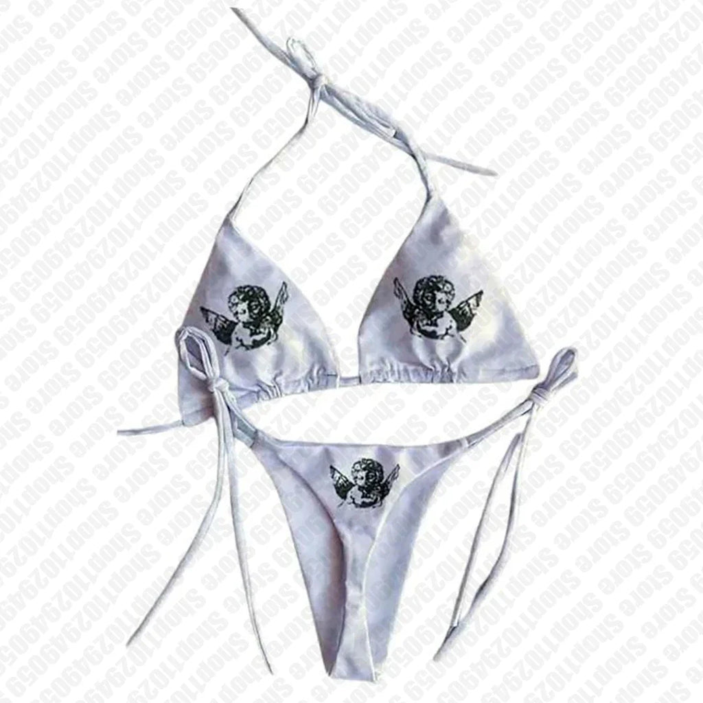 Sexy Bikini Set Swimsuit 2000s Angel Women Push-up Padded Bra Thong Two Pieces Swimwear Beachwear Bathing Suit Paint Graphs Y2k