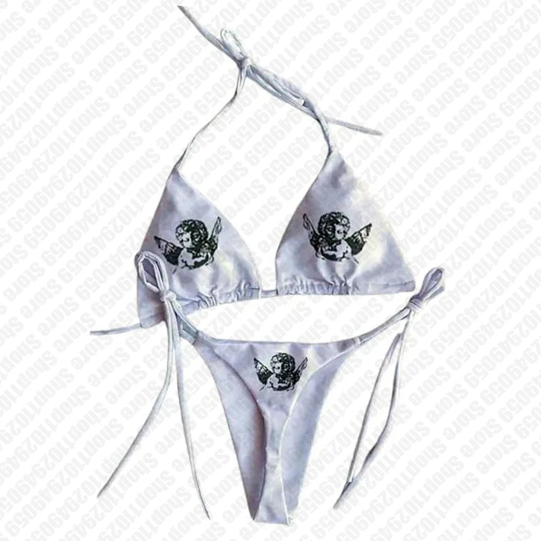 Sexy Bikini Set Swimsuit 2000s Angel Women Push-up Padded Bra Thong Two Pieces Swimwear Beachwear Bathing Suit Paint Graphs Y2k