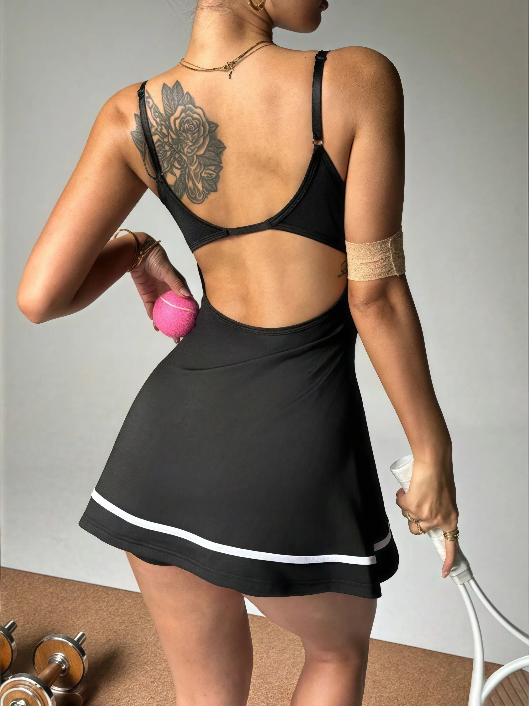 Women's color blocked camisole dress hanging sleeveless thickened tennis sportswear slim fit gym sportswear short skirt