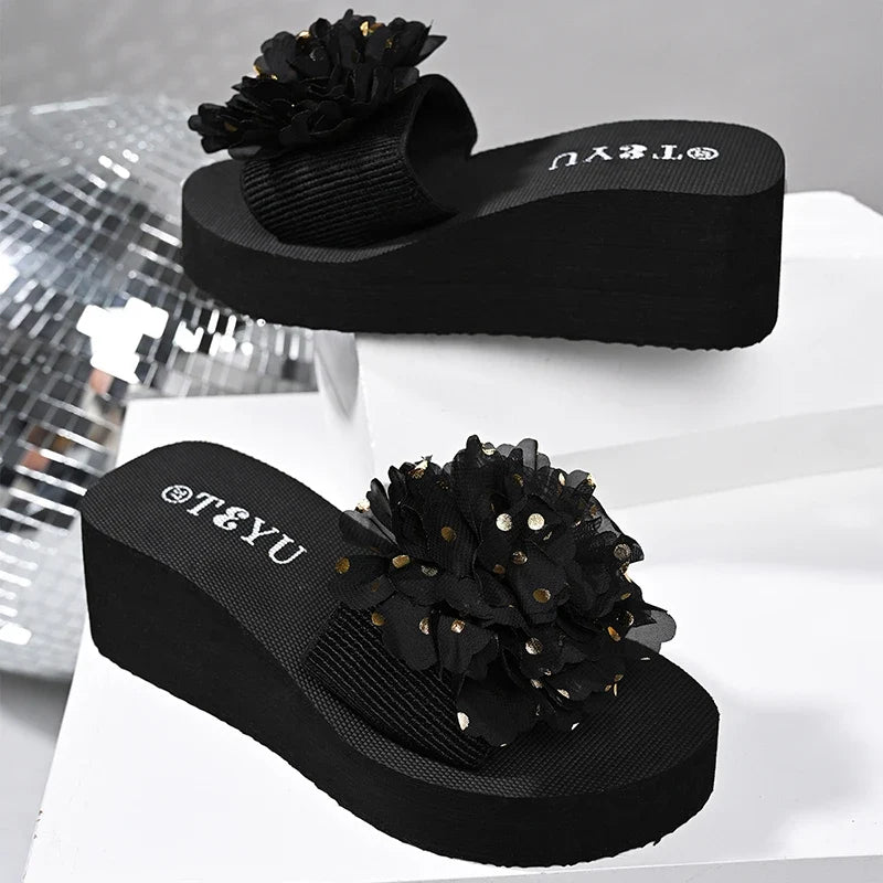 Fashion Flower Design Wedge Slippers Women Summer Sequins Black Platform Slides Female Stylish Anti-Slip High Heel Sandals Mujer