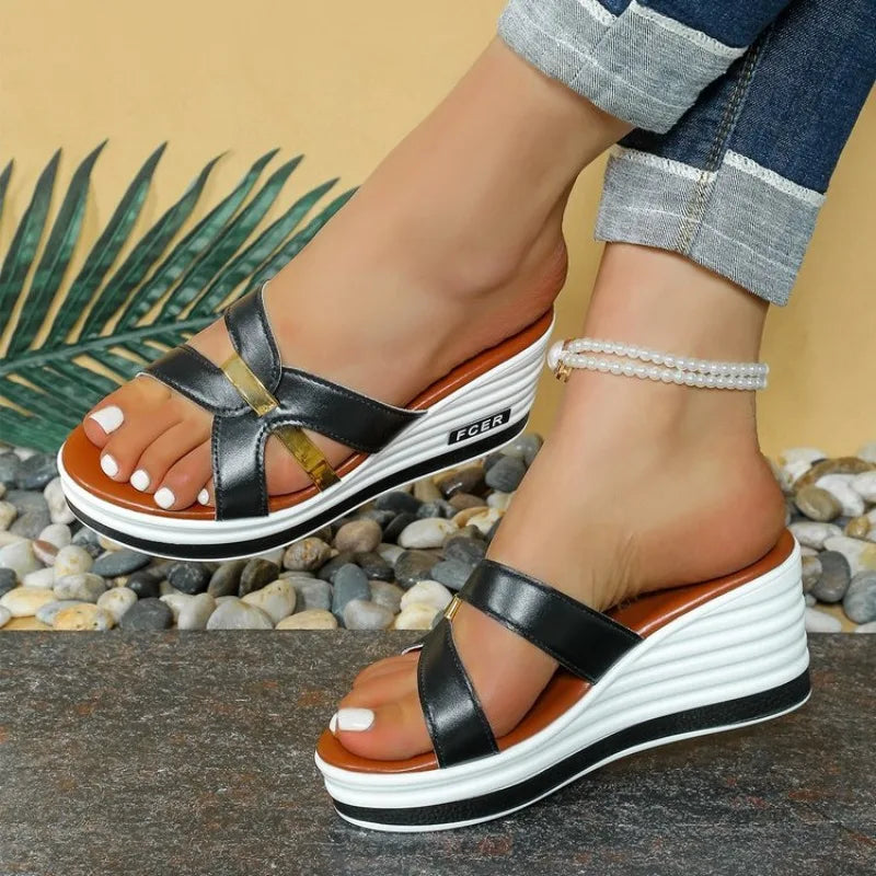 Korean Fashion New Fish Mouth Wedge Fashion Casual Foreign Trade Large Size Women'S One Line Sandals And Slippers For Sandalias