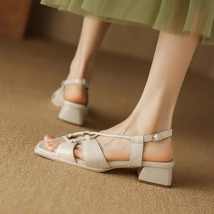 Summer New Model Fashion Middle Heeled Women's Sandals Black Buckle Open-toe Comfortable Hollow-out Women's Shoes High 3.5cm
