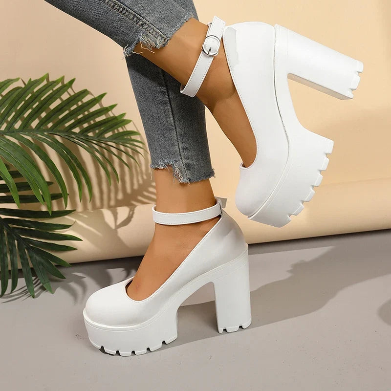 Black Super High Heels Mary Jane Shoes Women Plus Size 42 Chunky Platform Pumps Woman Ankle Buckle Party Wedding High Heel Shoes